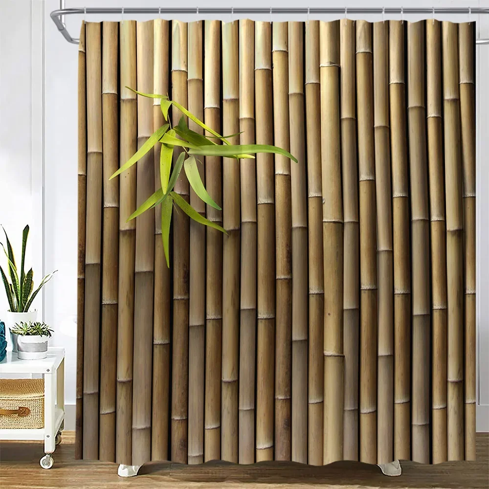 Brown Bamboo Shower Curtains Green Leaves Plant Spring Garden Scenery Wall Hanging Modern Fabric Bathroom Decor Bath Curtain Set