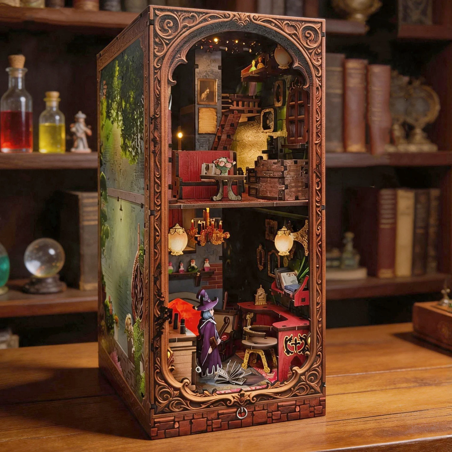 

DIY Wooden Magic Pharmacist House Book Nook Shelf Insert Kits Miniature Model Kit With Light Bookend for Friends Birthday Gifts