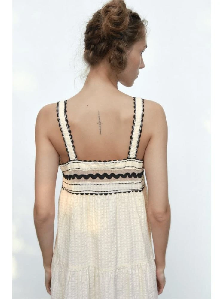 Été nouveau femmes col droit large sangle couleur Blo dentelle garniture ter Dr coton taille haute a-ligne jupe décontracté Sle