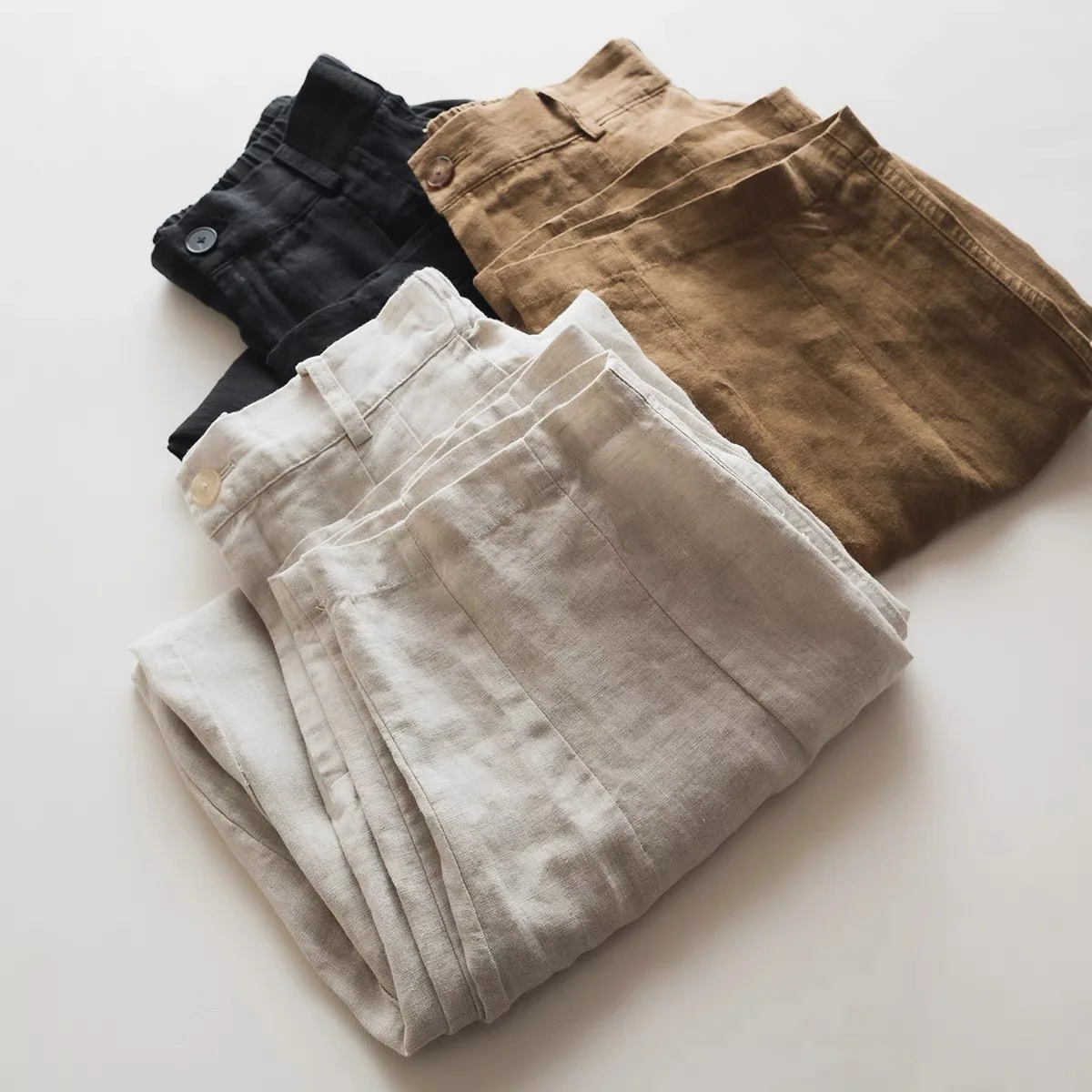 Pantalon à jambes larges en coton et lin pour femmes, taille élastique, ample, amincissant, décontracté, taille haute, Long