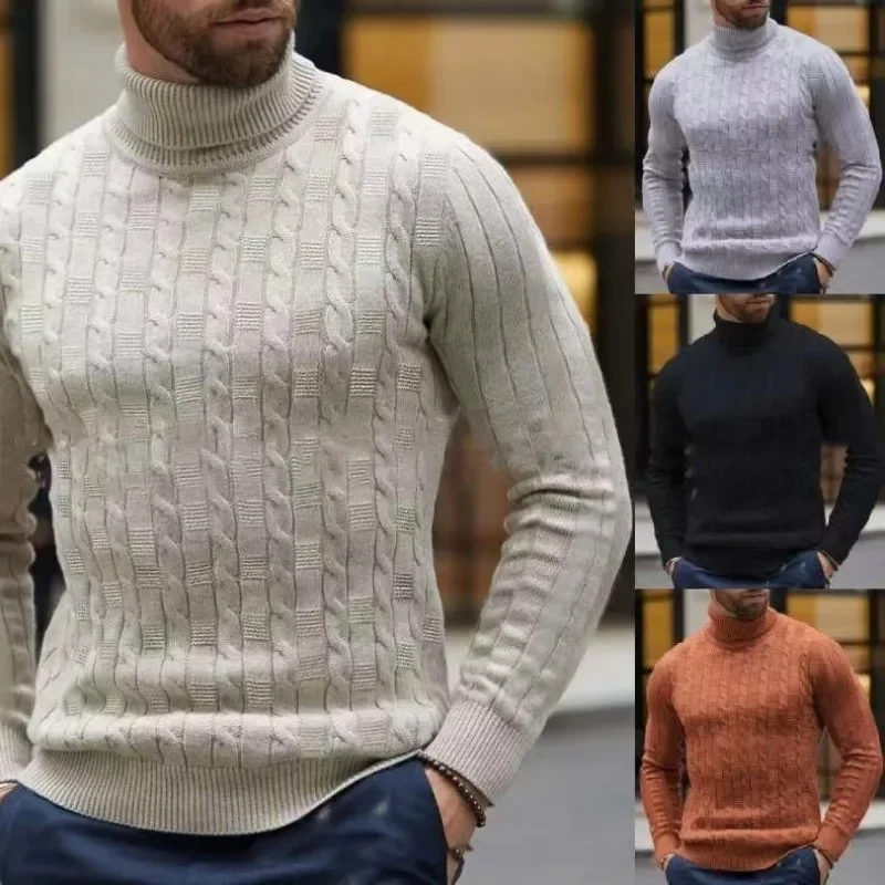 Suéter de cuello alto para hombre, Jersey de punto, cuello redondo, cálido, ajustado, informal, otoño e invierno, 2023