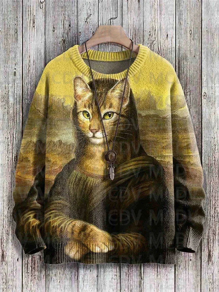 Halloween Cute Cat Witch Ghost Art Pattern Print Casual Knit Pullover Sweater Men's For Women's Pullover