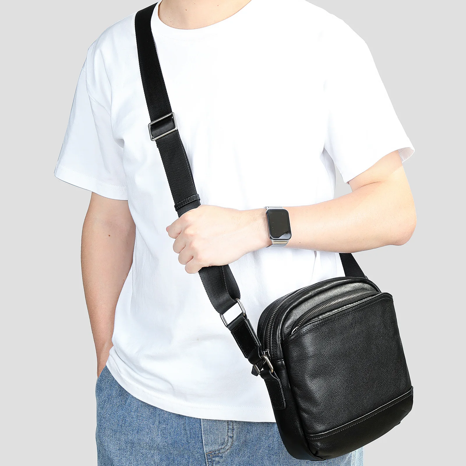 Trendy Men's Leather Crossbody Bag - Minimalist Vertical Shoulder Purse, Premium Top Layer Cowhide Sling for Daily