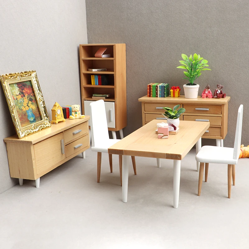 1:12 Doll House Mini Wooden Modern Table and Chair Set Model for Doll House Dining Room Furniture Decoration Accessories