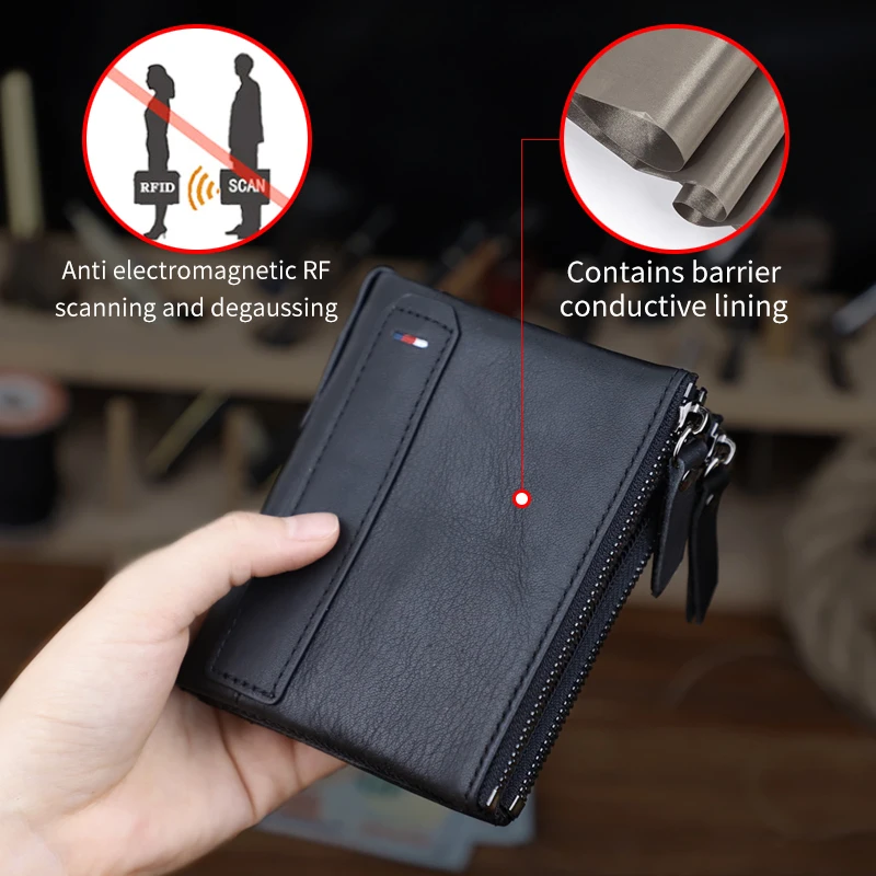 Cartera Anti RFID para hombre, billetera corta de cuero suave de alta calidad, monedero de cuero genuino, ranura para tarjeta, cremallera, negro y