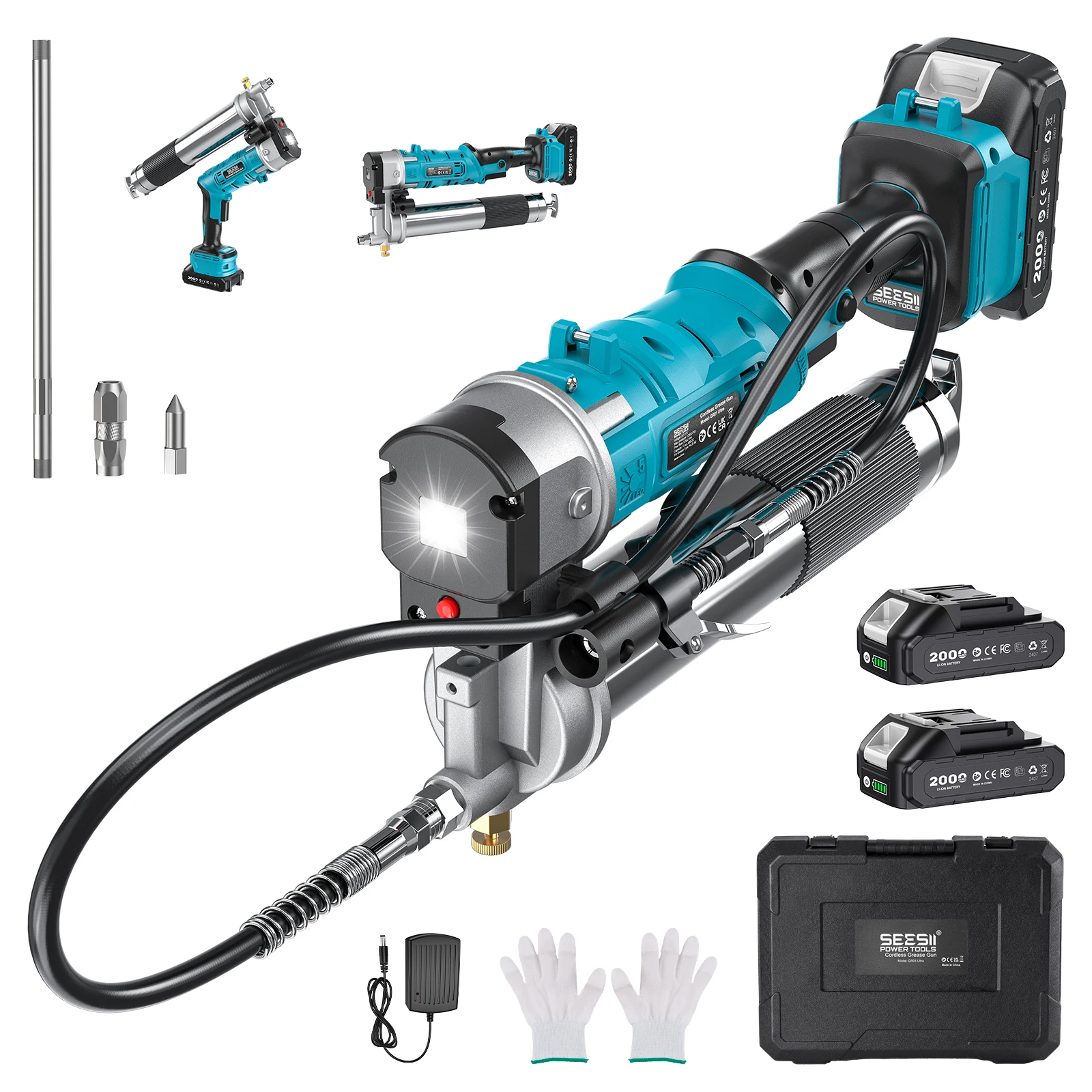 

Seesii 12000PSI Electric Grease Gun Kit 2-in-1 Innovative Easy-to-Use Oil Greasing Tool 5.3 Oz/min High-Efficiency Grease Machine with 2.0Ah Battery 39.4 Flexible Hose LED Light