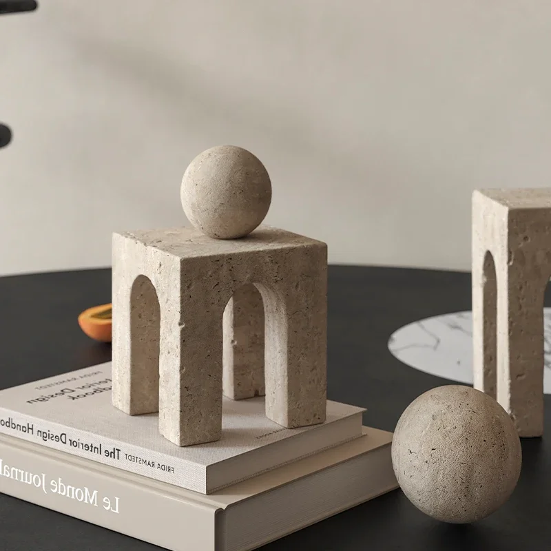 Travertine Sculptures and Figurines Archway Shape Statue for Shelf Coffee Table TV Cabinet Bookshelf Living Room Home Decoration