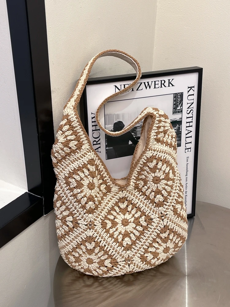 

Large Capaci Woven Women's oulder Bag Spring Summer 2025 Ethnic Sle Beach Vaion Tote Bag Soft Fabric Magnetic Bule