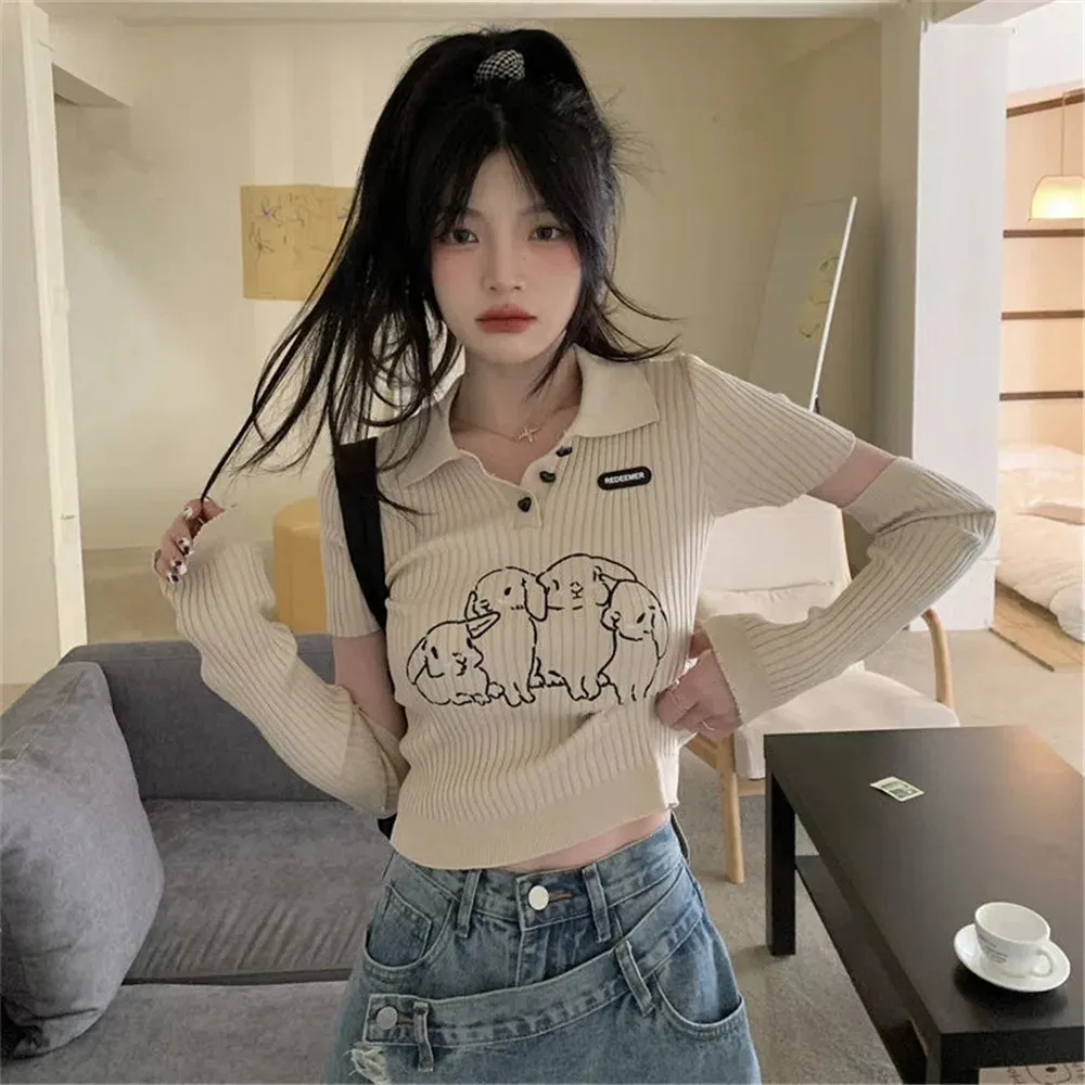 

Cartoon Rabbit Cute Knitted Pullover Playful Lively Youth Innocence Lapel Detachable With Sleeved Women Short Top Streetwear