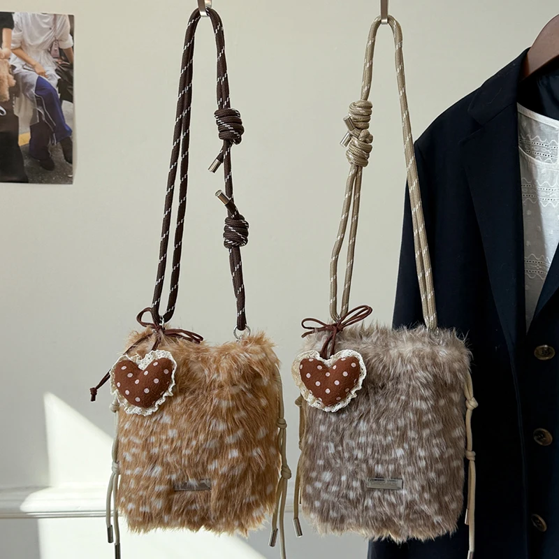 

Winter Deer Series Cute Plush Bag Female Japanese Ins Kawaii Lace Lace Wallet Korean Slanting Cross Fur Jk Lolita Accessory Bag