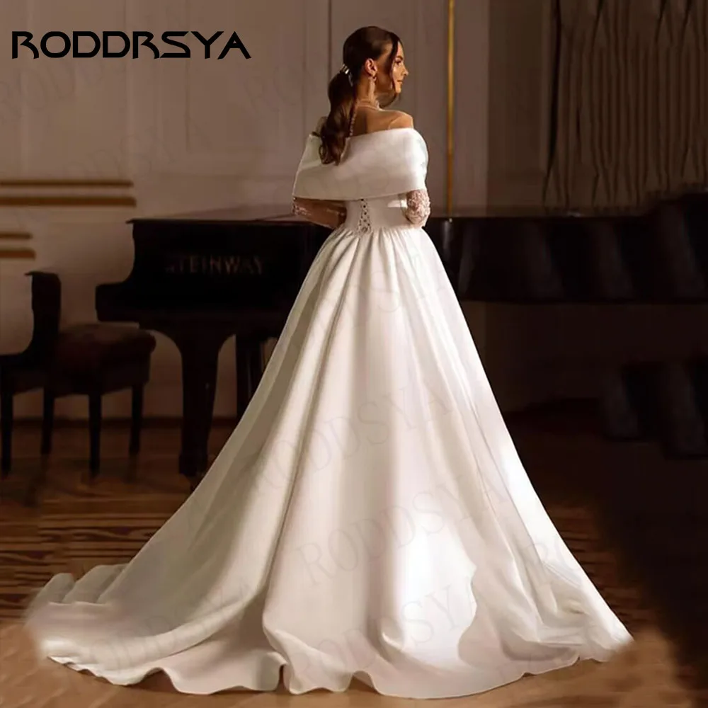 RODDRSYA-Robe de mariée en satin à manches longues, ligne A, col rond, grand nœud, train de balayage, robe de patients, appliques en dentelle, élégante, éducative Robe de mariée à manches longues en satin  Robe de mari