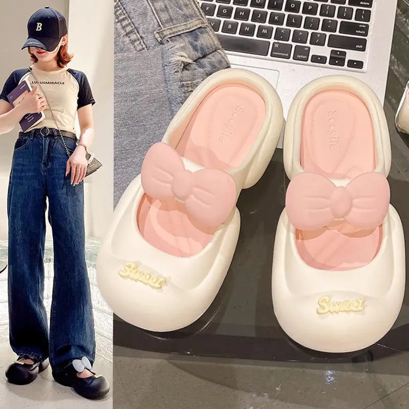 

Повседневные тапочки, женские домашние летние сабо, модельерская обувь для девочек, 2025 год, милые шлепанцы на платформе с мультяшным бантом, домашние сандалии на плоской подошве