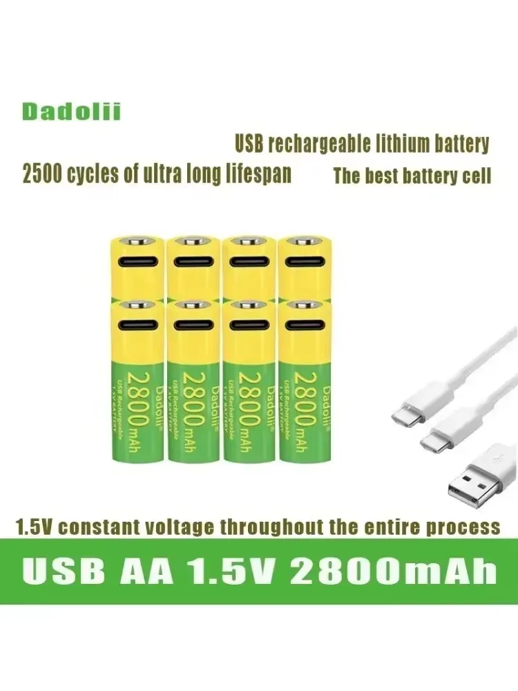 

High-capacity Dadoli AA rechargeable lithium-ion battery, 2800Mah, 1.5 V, USB 2A fast charging for remote control toy