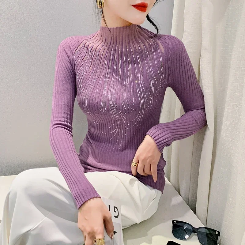 

Ladies Fashion Mesh Splicing Beading Pullover Sweater Women Clothing Girls Autumn Casual Knitwear Female OL Sweaters PAH9390