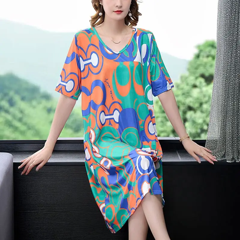 Casual V-Neck Loose A-Line Dresses Women\'s Clothing Vintage Stylish Contrasting Colors Printed Summer Short Sleeve Midi Dress