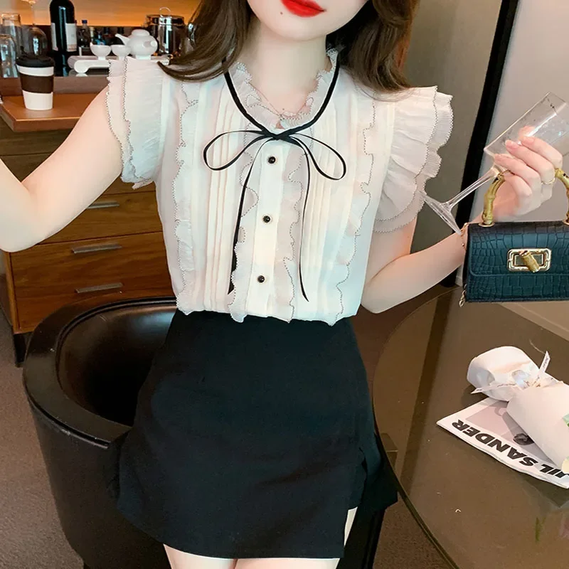 Summer Short Sleeve Ruffled Collar Women Shirt Ruffles Chiffon Shirt Blouse Women Tops Blouses Shirts Blusas Camisas Blusa D153