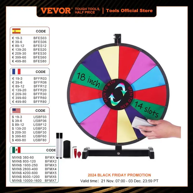 

VEVOR 18/24/36 inch Spinning Prize Wheel 14 Slots Spinning Wheel Tabletop or Floor Standing Win Fortune Spin Games in Party Pub