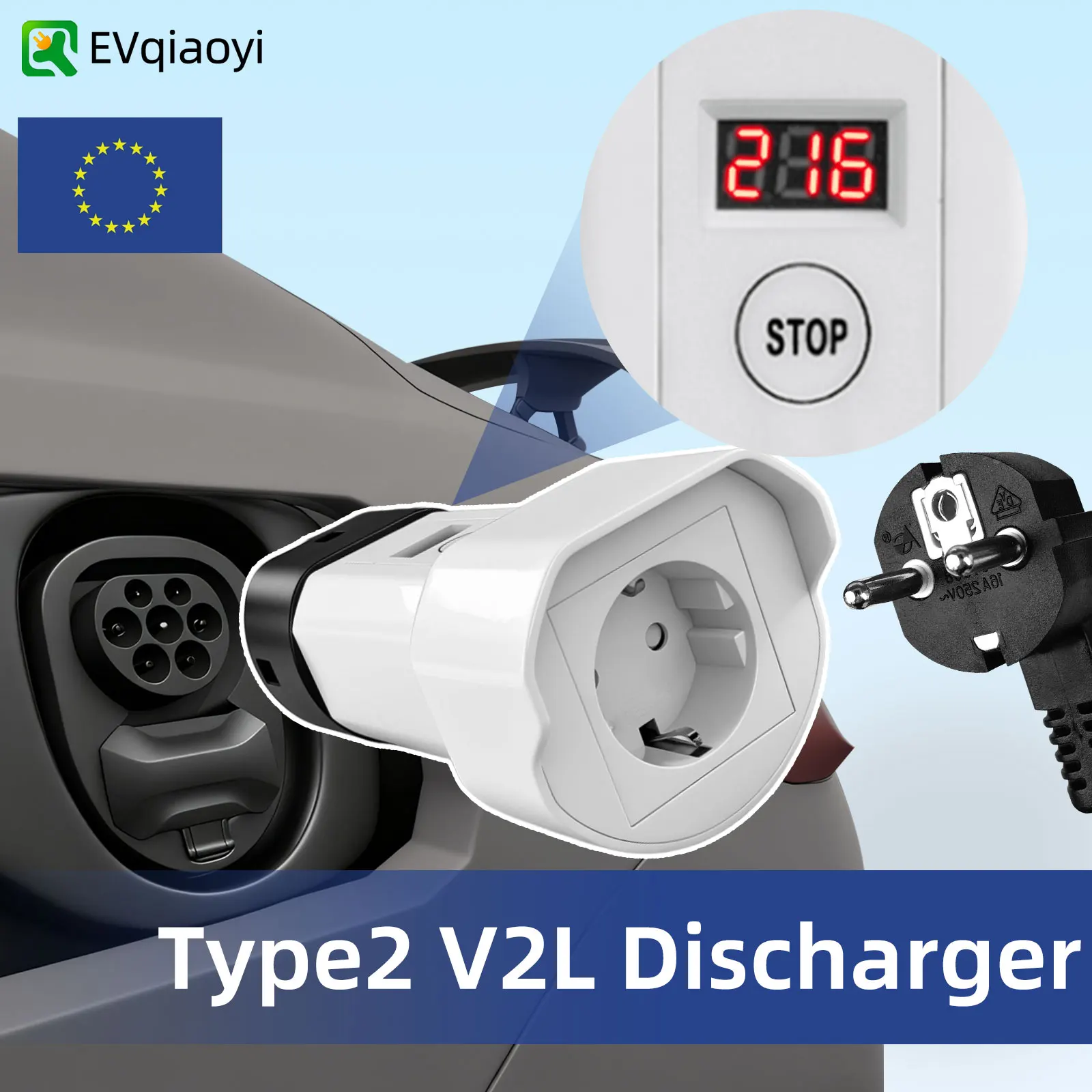 Type 2 V2L Discharger Adapter EU Socket with for BYD Dolphin Seal Xpeng L03 Geely EX5 Omoda 9 Jaecoo J5 Hyundai Renault