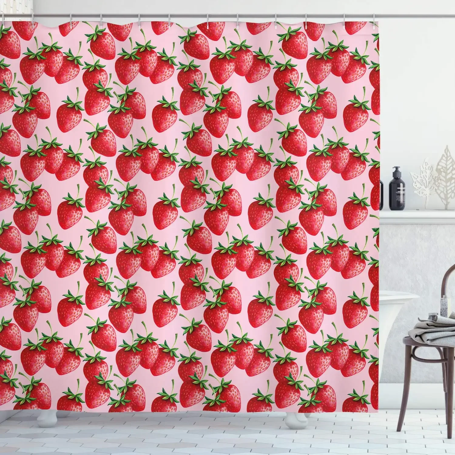 Pink Strawberry Shower Curtain for Bathroom Watercolor Strawberries Spring Summer Fruits Decor Fabric Bath Curtains with Hooks