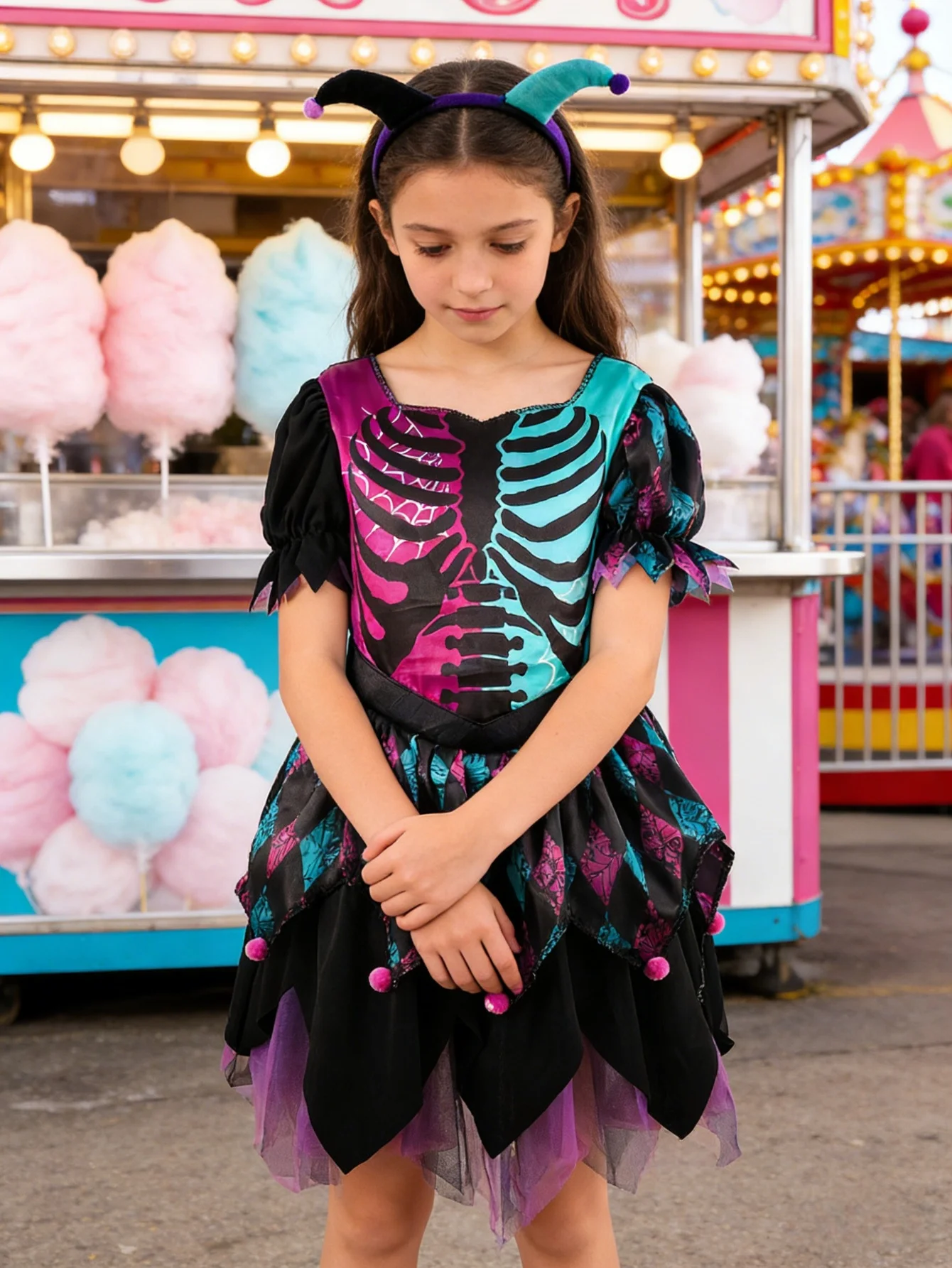 

Girls' Clown Costume 5-Piece Set: 1 Clown Print Dress + 1 Clown Headband + 1 Lace Neckband + 2 Wristbands. Halloween Festival Party Horror Atmosphere Clown Dress. Various Occasions Festival Party Dress. Christmas Atmosphere Dress for Girls