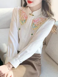 2024 Spring White Blouse Woman New Stand Collar Chiffon Shirt Long Sleeve National Style Buckle Shirts Embroidered Top Blusas