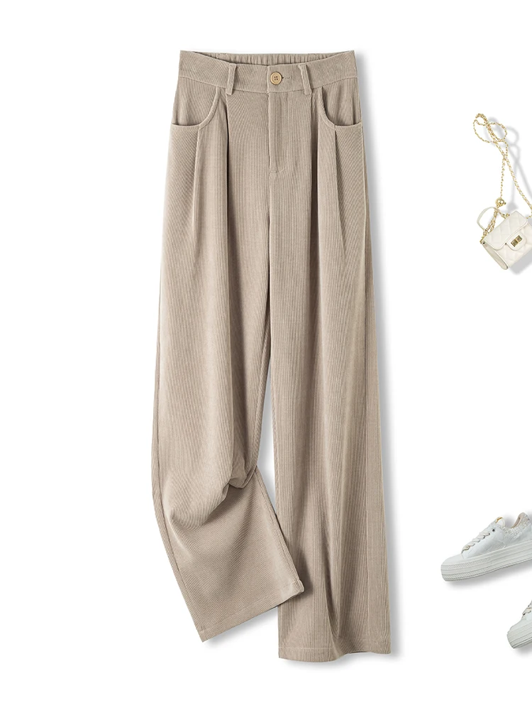 Vintage Autumn Winter Chenille Pants Women High Waist Wide Leg Straight Trousers Loose Elegant Office Ladies Pants with Belt