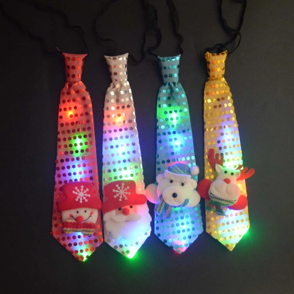 1pcs Glow Light Up Sequin Tie Necktie Red Blue Santa Claus Snowflake Bear Neck Tie Gift   Decoration Wedding Festival