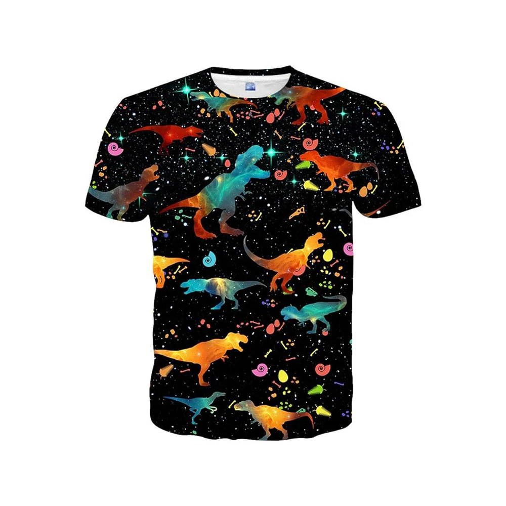 

3D Space Dinosaur T-Shirt Colorful Cosmic Print Short Sleeve Cotton Graphic Tee Unisex Top for Men Women Kids Sci-Fi Streetwear