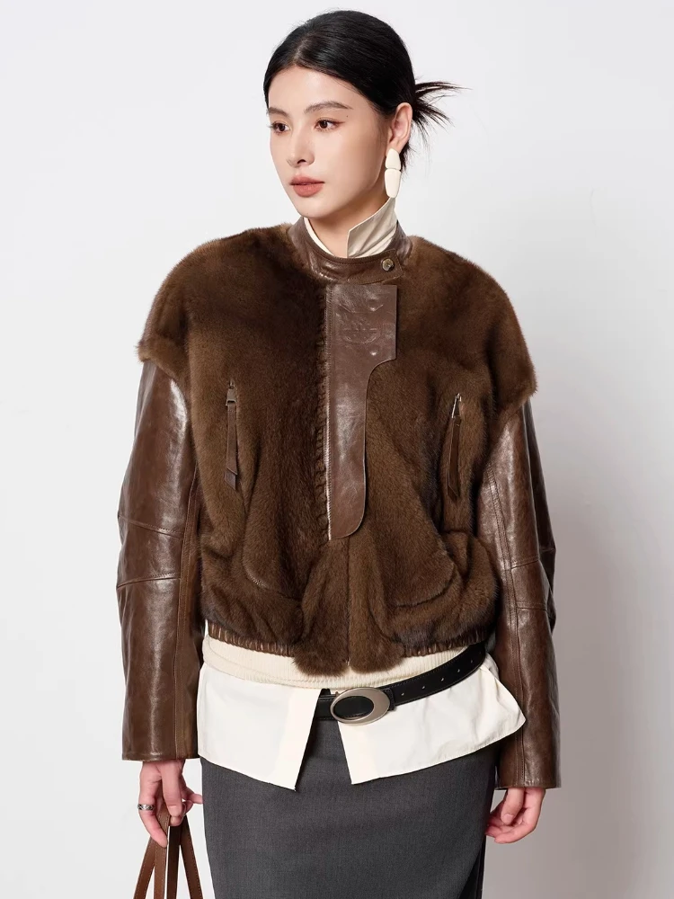 

Casual Short Winter Genuine Leather Goose Down Jackets for Women Simple Stand Collar Natural Mink Fur Real Sheepskin Down Coat