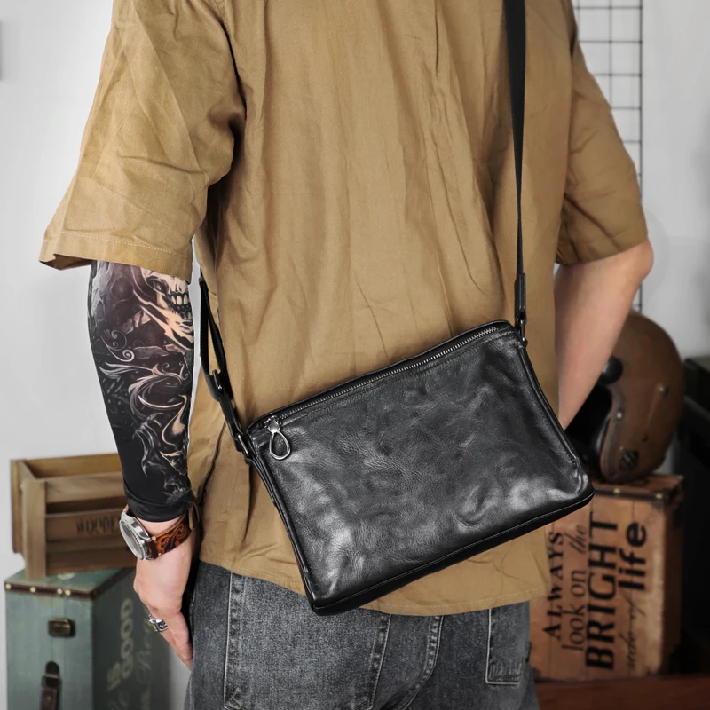 Imagem -06 - Moda Preto Couro Genuíno Cruz Corpo Bolsa de Couro Popular Bolsa Mensageiro dos Homens Grande Capacidade Bolsa de Ombro para Weekender