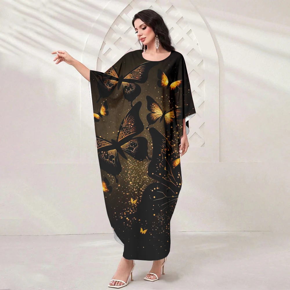 Gold Butterfly Sexy O Neck Batwing Sleeve Long Gown Dress 2024 Summer Classic Casual Dresses Women's Elegant Muslim Dresses