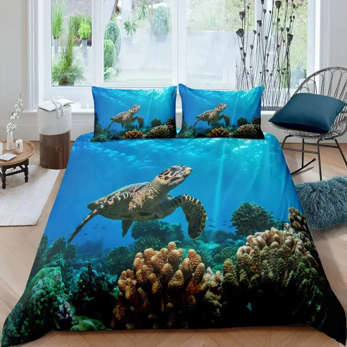 

Sea Turtle Shark Comfortable Duvet Quilt Cover Pillowcase Bedding Set Children Bedroom Decoration Home Textile