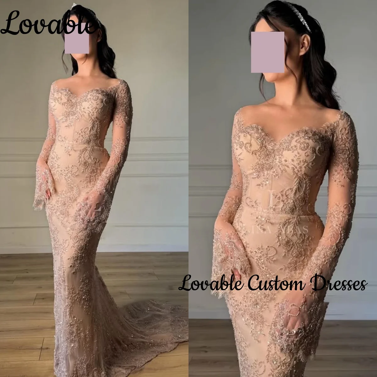 

Customize Long Sleeves Luxury Dresses Evening Mermaid Long Sleeves Elegant Dresses For Women Floor-Length Lace Long Sleeves Prom