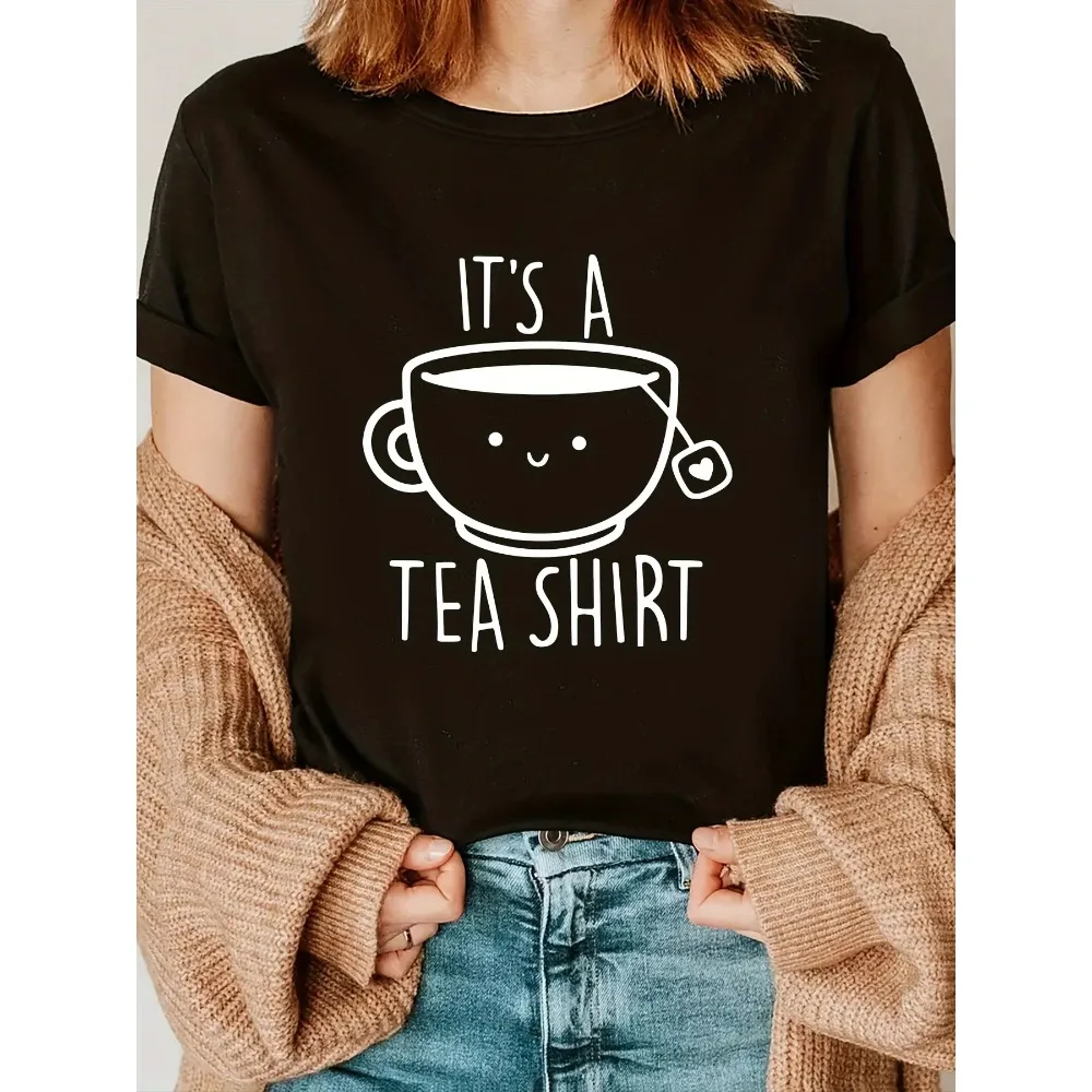 Women'S Casual Crew Neck T-Shirt Fashion Tee with  It's A Tea Shirt  Alphabet Cartoon Teacup Pattern Printed Summer Clothing
