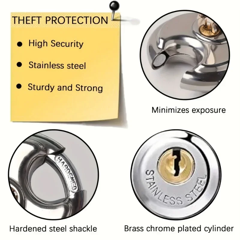 Round 70mm Stainless Steel Heavy Duty Key Lock Security Padlock Outdoor Gym Security Door Lock Anti-Theft Tools Hardware