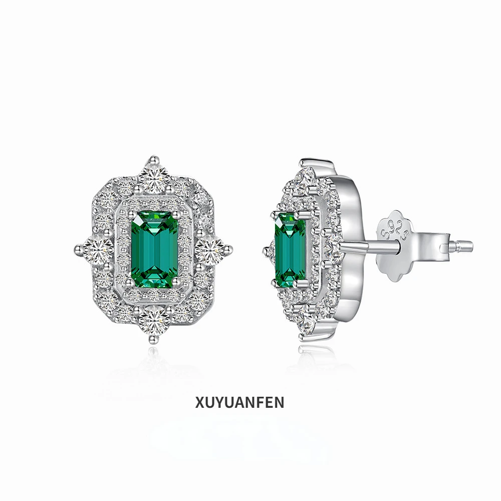 

XUYUANFEN Nordic New S925 Pure Silver Ear Stud Female Full Diamond Design Emerald Main Stone Noble and Elegant Female Ornament