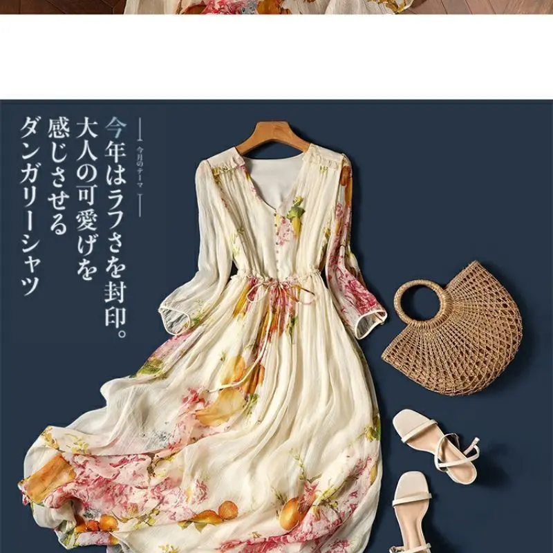 Robe amincissante à fleurs pour femmes, élégante, imprimée, col en v, jupe longue, robe de vacances, longueur aux genoux, nouvelle collection printemps été 2025
