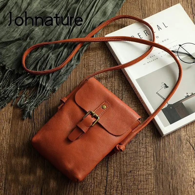 Johnature 2024 New Simple Genuine Leather Women Bag Retro Solid Color Natural Cowhide Mini Phone Bag Leisure Small Shoulder Bags