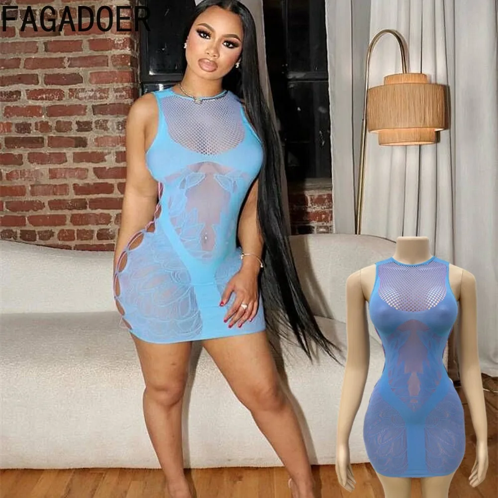 

FAGADOER Sexy Thick Knit Bodycon Mini Dresses Women See Through Mesh Hollow Dress Female Night Holidays Clubwear Vestidos