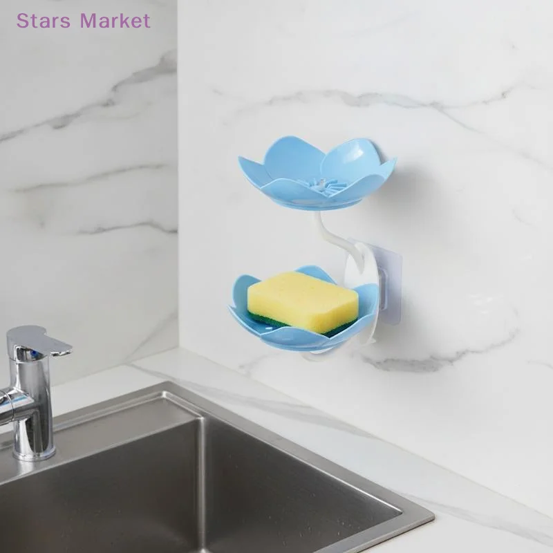 Double Layer Lotus Shaped Flowers Shape Soap Dish Soap Box Punch-free Wall Mounted Floral Soap Dish Shelf Holders