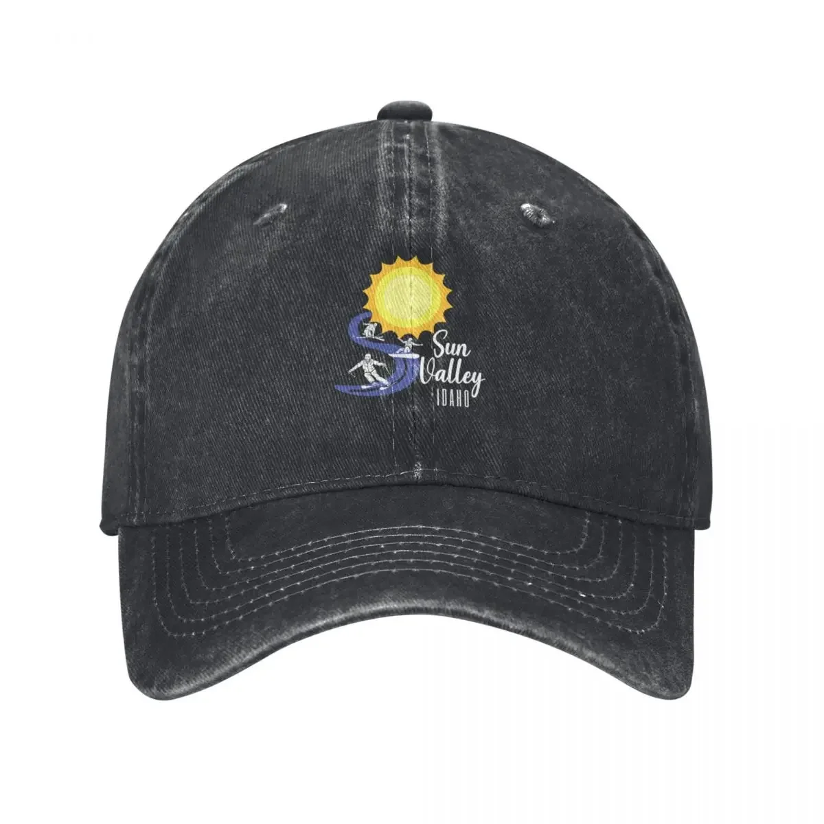 Sun Valley, Idaho. White text. Gift Ideas For The Ski Enthusiast. Baseball Cap Sun Cap Bobble Hat For Women Men's