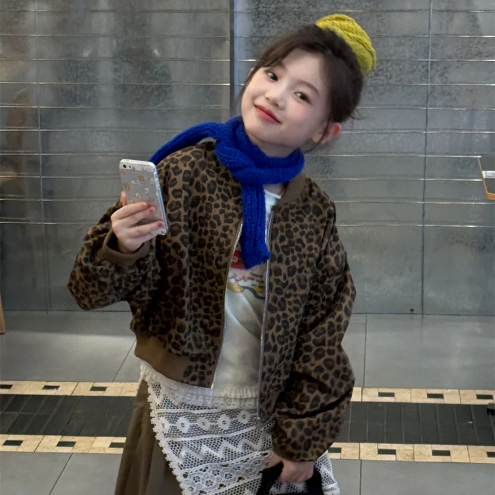 

Весенне-осенние куртки с леопардовым принтом для девочек, новинка 2025, американские модные повседневные универсальные пальто на молнии с длинными рукавами