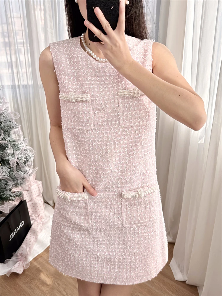 Party Dresses for Women Pink Pearl Tweed Dress Sweet 2025 Early Spring New Item Dresses for Women 2024 Luxury Designer Evening