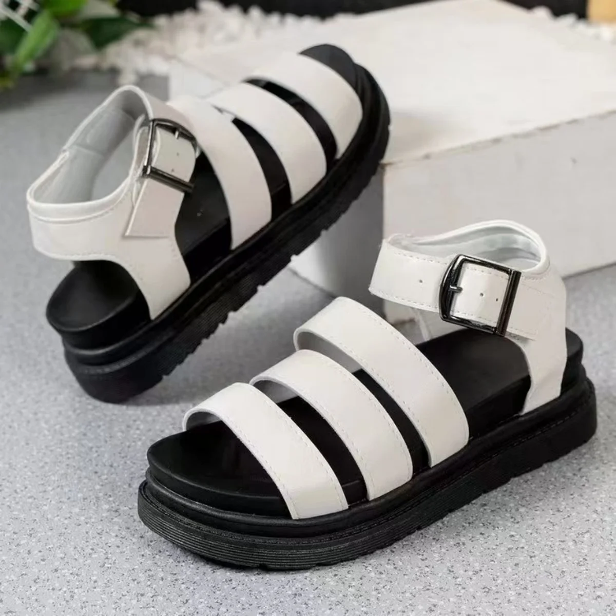 

Fashionable Thick-Soled One-Strap Beach Sandals Round-Toed Buckle Design Solid Color New 2025 Style for Outdoor Wear