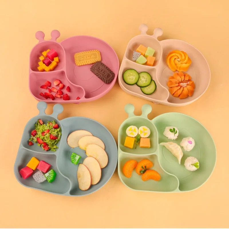 Cartoon Animal Silicone Divided Plate , Suction Base Food Tray with 3 Compartments, Shockproof Easy-Clean Feeding Tray