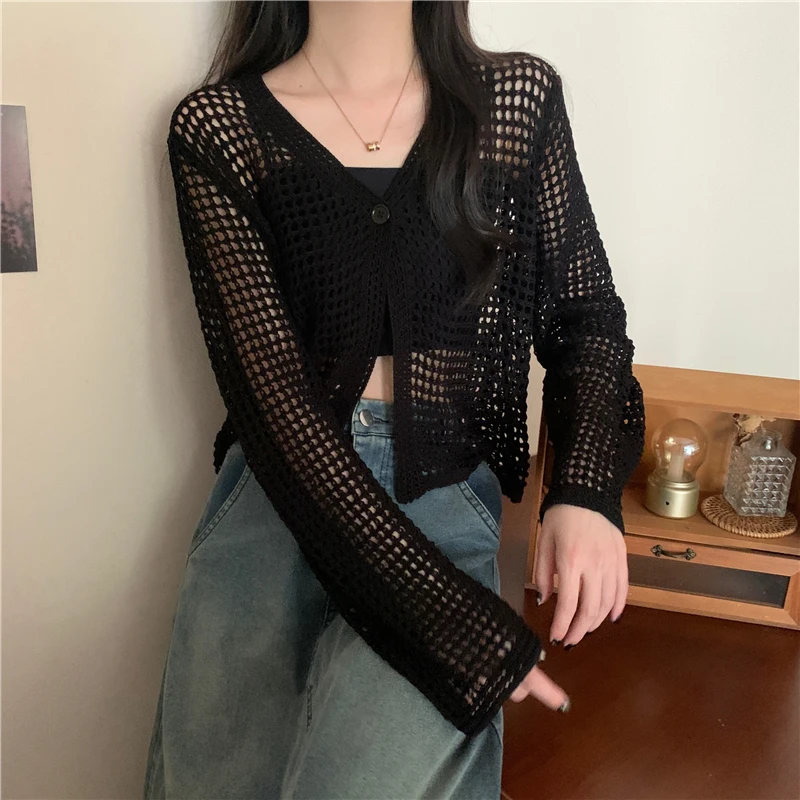 Pointelle Knit Long Sleeve One Button Cardigan Sweater for Women Cover-Up Spring Summer Y2K Grunge Outfit