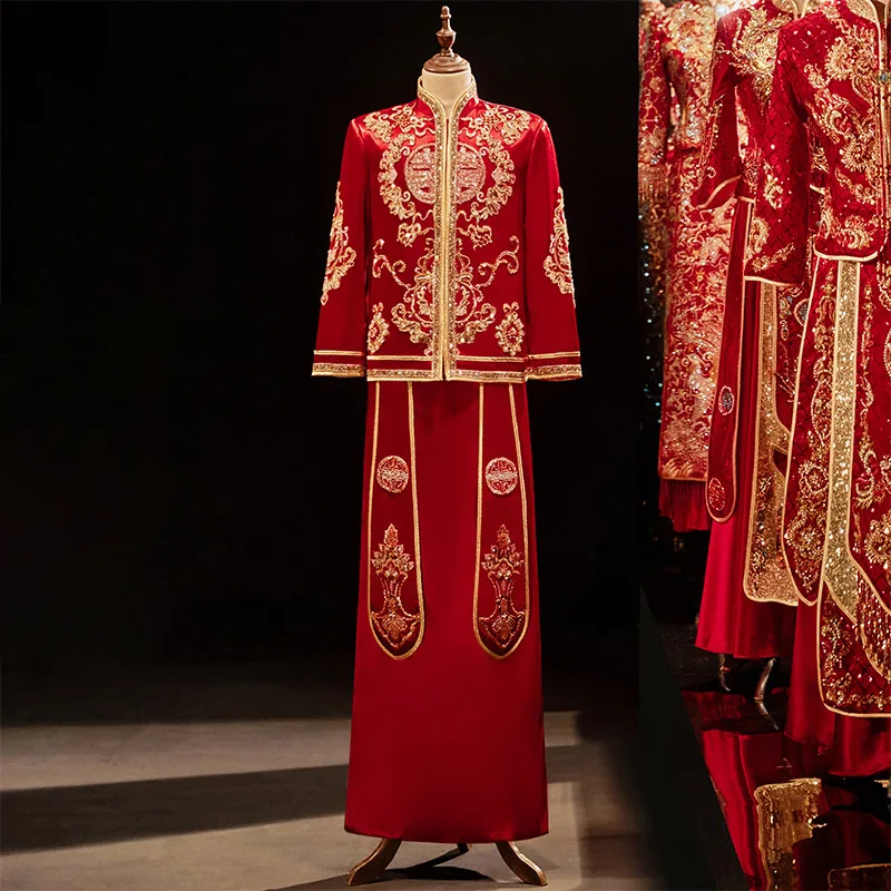 Burgundy Groom'S Wedding Dresses Chinese Dragon Phoenix Coats Tang Suit Hanfu Traditional Marriage Clothing