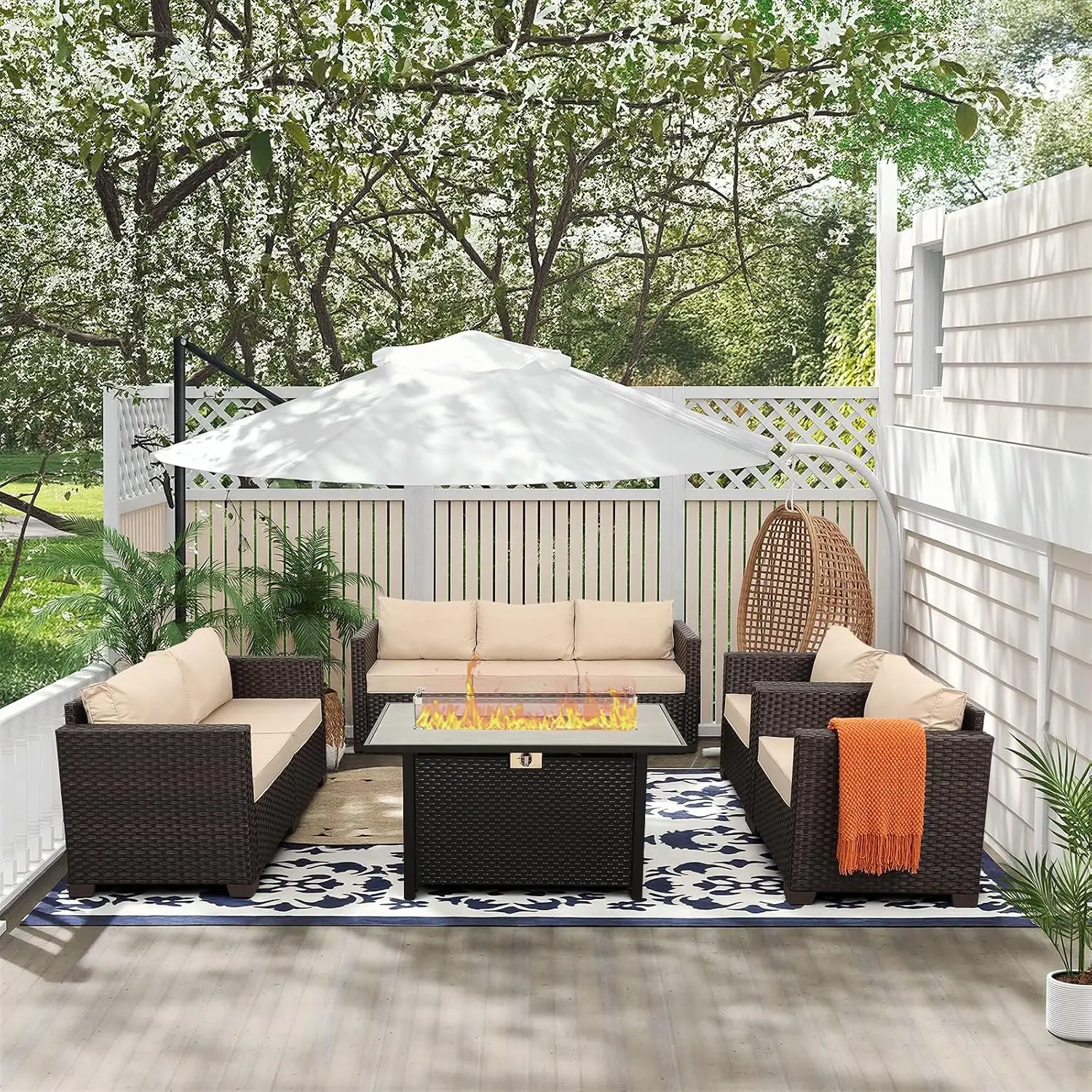 5-Piece Outdoor Patio Furniture Set with 45in Propane Fire Pit 60000 BTU No-Slip Cushions Waterproof Covers Khaki, Customized