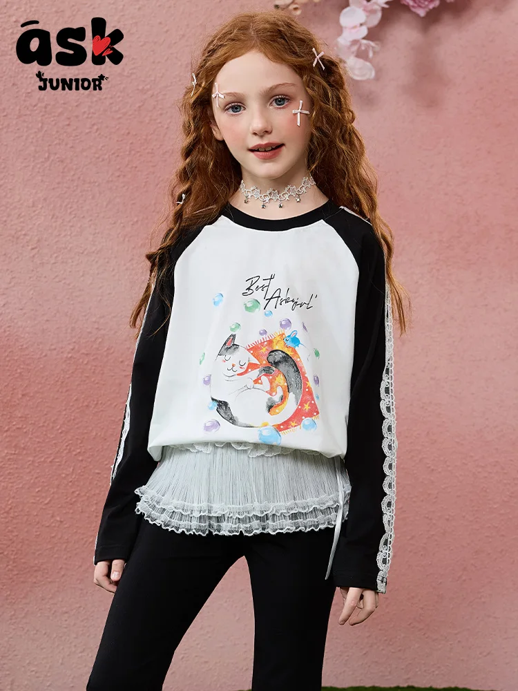 تي شيرت Ask Junior بأكمام طويلة للفتيات، قميص سفلي مضاد للبكتيريا بألوان متباينة وأكمام خشنة #2