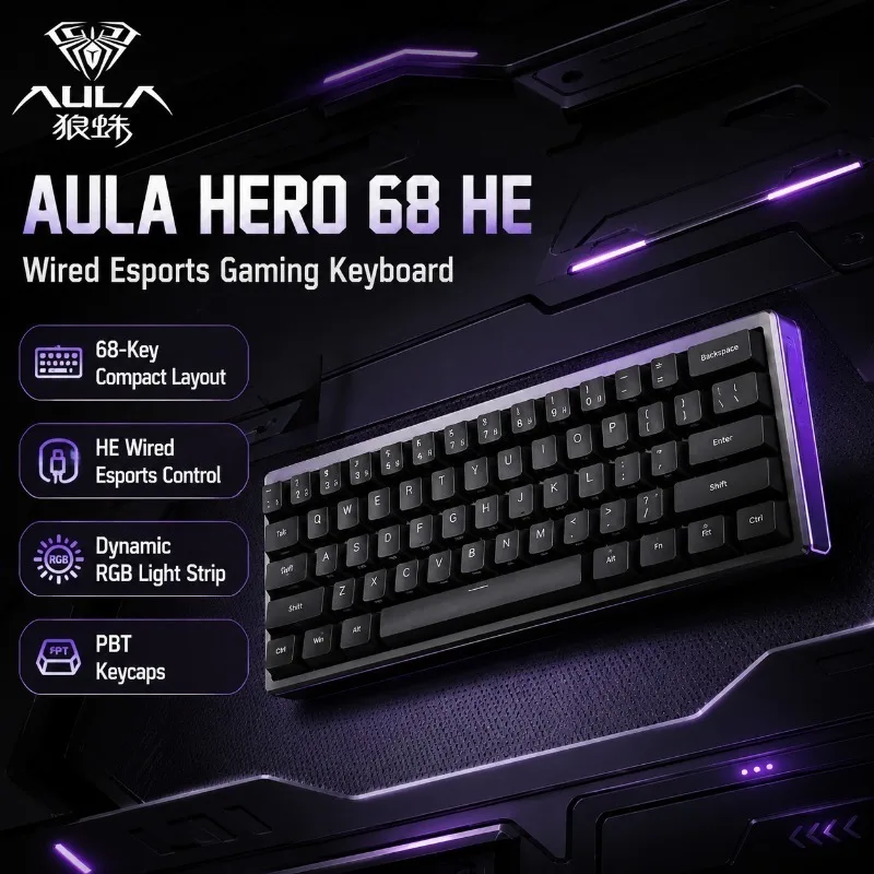 AULA HERO 68 HE Wired Gaming Keyboard Magnetic Switch 8K Hz Polling Rate RGB Hot Swappable 60 Percent Custom Mechanical Esports